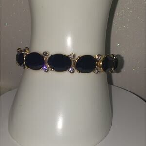 Vintage Monet Gold-Tone Bracelet Black Faceted Glass Stones Rhinestones 7”